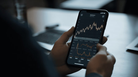 businessman using smart phone with stock market graph on screen, stock market conceptの素材