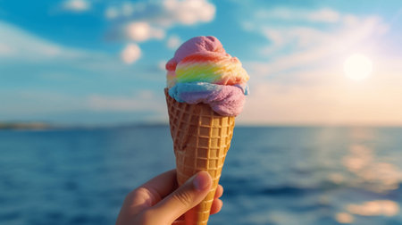 Hand holding ice cream cone with rainbow color on blue sky background.の素材