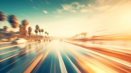 Motion blur of car on road with motion blur background. Travel concept.の素材