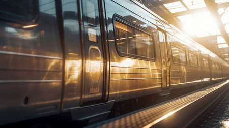 Train in the station at sunset. Shallow depth of field.の素材