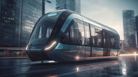 Modern futuristic high-speed train on the city street.の素材