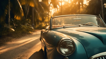 Classic car on the road in the tropics. Retro car.の素材