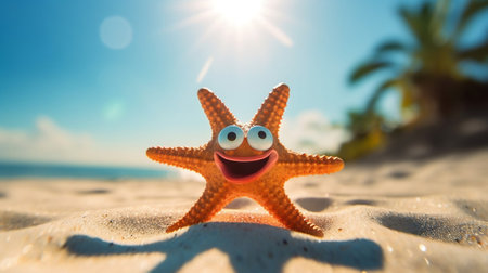 Happy starfish on sandy beach with palm trees and blue sky.の素材