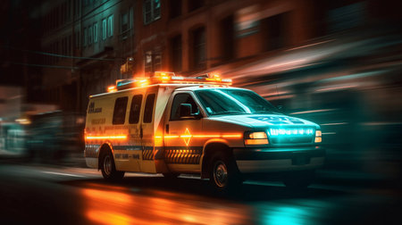Ambulance car on the road in the city at night.の素材