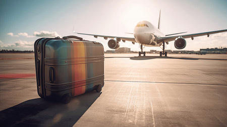 Luggage on the airport runway with airplane in the background. Travel concept.の素材