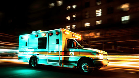 Ambulance car on the road at night with motion blur backgroundの素材