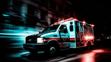 Ambulance car on the road at night with motion blur.の素材