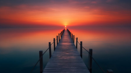 Wooden jetty at sunset in the sea with orange sky.の素材