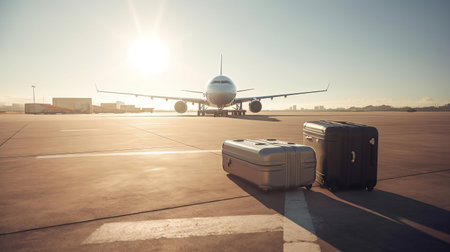 Airplane and luggage at the airport ready for departure. Travel concept.の素材