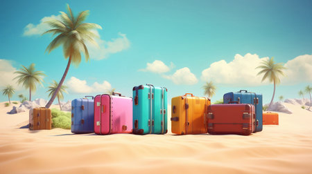 Suitcases in the desert with palm trees. 3d renderの素材