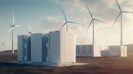 Wind turbines in the field. Concept of renewable energy. 3d renderingの素材