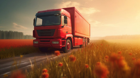 red truck on the road in the field at sunset. 3d renderingの素材