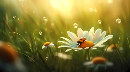 Ladybug on daisy flower in the meadow. 3d renderingの素材