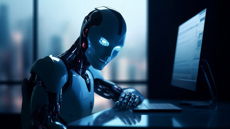3d rendering humanoid robot working with computer in dark room with windowの素材