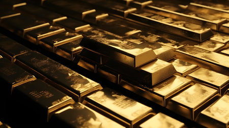 Stack of gold bars, close-up. 3d render.の素材