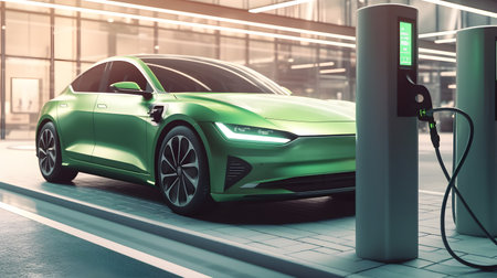 Green electric car on the charging station. 3d rendering image.の素材