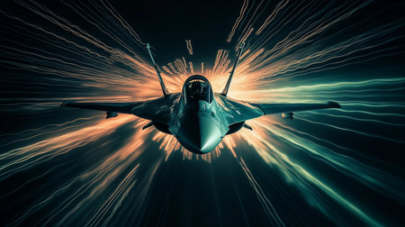 Futuristic fighter jet in the sky. 3D Renderingの素材
