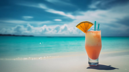 tropical cocktail on the beach with turquoise water and blue skyの素材