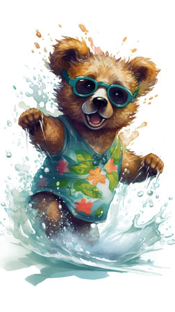 Watercolor illustration of a cute little brown bear in swimming suit and sunglassesの素材