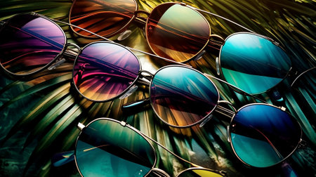 Sunglasses on a colorful background. Selective focus. Toned.の素材