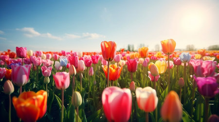 Colorful tulip flowers blooming in a field in springtimeの素材