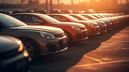 Cars parked in a row in a parking lot at sunset.の素材