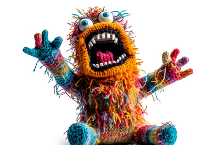 Funny handmade crocheted monster isolated on a white background.の素材