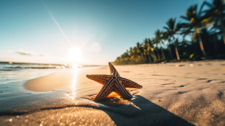 Starfish on the beach at sunset. Travel and vacation concept.の素材