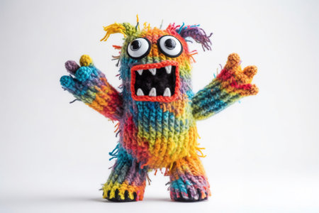 Handmade crochet monster with funny face on white background, closeupの素材