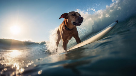 Labrador retriever dog on a surfboard on the wave.の素材