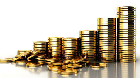 golden coins isolated on white background. 3d render illustration.の素材