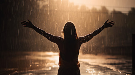 Silhouette of a young woman in the rain on the beachの素材