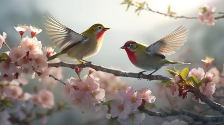 Red-crested goldfinch (Prunus spinosa) and Japanese sakuraの素材