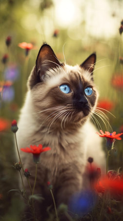 Siamese cat with blue eyes sitting on a flower meadowの素材