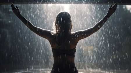 Back view of young woman in black swimsuit under falling rain.の素材