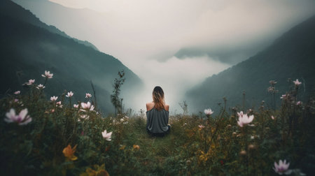 Woman sitting on the top of the mountain and looking at the fogの素材