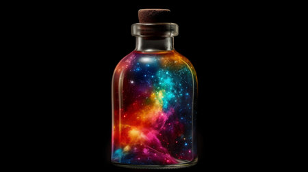 Magic potion in a glass bottle with colorful nebula, stars and galaxies on a black backgroundの素材