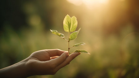 Female hand holding a young sprout in the sunlight. Ecology conceptの素材