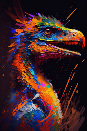 Dinosaur head with colorful paint splashes. Digital art painting.の素材