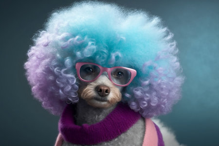 Studio portrait of a cute mixed breed dog wearing a wig and sunglassesの素材