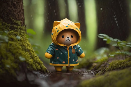 tiny fox in raincoat and raincoat standing in the forestの素材