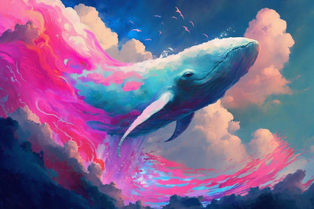 Illustration of a whale swimming in the ocean with pink clouds.の素材