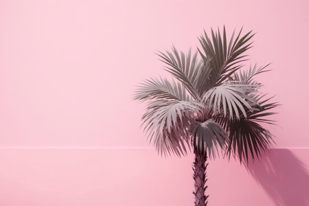 Palm tree on pink wall background. Minimal summer concept.の素材
