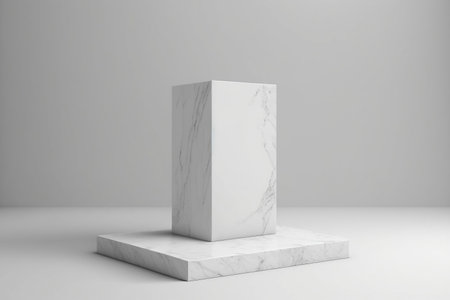 White marble pedestal on grey background. 3d render illustration.の素材