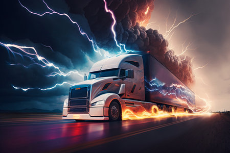 Truck on the road with lightning and thunder. 3d renderingの素材