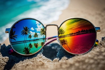 Sunglasses with reflection of tropical beach and palm tree on sandの素材