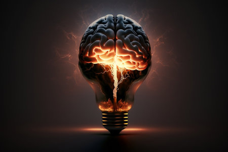 Brainstorming concept with burning light bulb on dark background. 3D renderingの素材