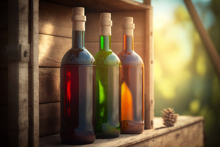 Bottles of wine in a wooden box on a background of natureの素材