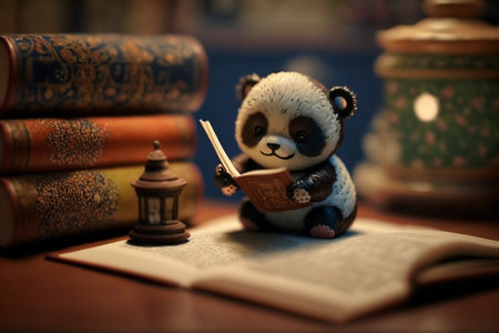 Panda bear reading a book on a wooden table with books.の素材