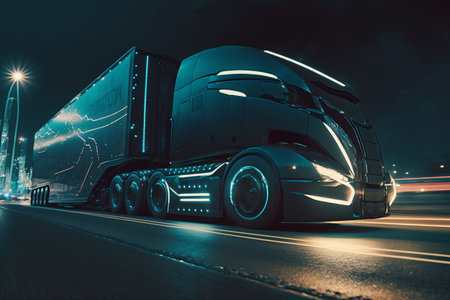 Truck on the road at night. Cargo transportation concept. 3D Renderingの素材